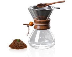 Dailygoods- Koffiezetapparaat 400 ml - Koffiemachine voor infusie - Roestvrijstalen filter - Glas karaf - Compact formaat - Elegante houten hals - Koffiemaker