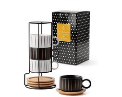 Dailygoods- Kopjesset 4 x 160 ml - Koffiekopjes met Schotel - Elegante Keramische Kopjes - Marmeren/Striped Design - Uniek en Artistiek