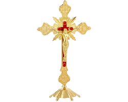 Dailygoods- Kruis 24,5 cm - Staand Kruisbeeld - Gouden Tafeldecoratie - Christelijk Interieur - Compacte Afmetingen - Hoogwaardig Vakmanschap