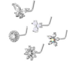 Dailygoods- Neusring Set van 5 - L-vormige Neusstuds - Hypoallergeen Roestvrij Staal - Zirkonia Steentjes - Elegante Ontwerpen - Comfortabel en Duurzaam