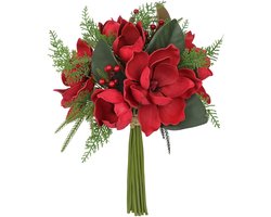 Dailygoods - Oairse Kunstbloemen Magnolia boeket kunstplant kerstboeket kerstdecoratie met bessen en varenbladeren voor kerstdecoratie wooncultuur keuken eettafel kamerplant tafeldecoratie