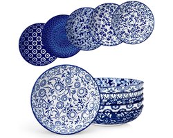 Dailygoods- Pastakommen Set van 6 - Porseleinen Diepe Slakommen - Grote Pastakommen - Magnetronbestendig - Blauw/Wit Bloemenontwerp - Ideaal voor Royale Porties - Serveerschalen