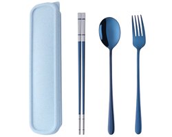 Dailygoods- Reisbestek Draagbaar - Bestekset 1 Persoon - Roestvrij Staal - Eetstokjes - Vork - Lepel - Tarwe Doos