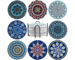 Dailygoods- Schoteltjes set van 8 - Kurk/Keramiek/Glas - 10 cm - Mandala-patroon - Ideaal voor kopjes/vazen/kaarsen - Perfect als cadeau - Onderzetters