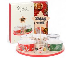 Dailygoods- Serveerset 7-delig - Porseleinen/Glazen Schalen - Houten Dienblad Ø 24 cm - Decoratieve Ster - Feestelijke Tafelset voor Snacks/Dips