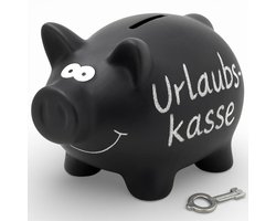 Dailygoods- Spaarvarken Keramisch - Spaarpot met Tafeloppervlak - Slot met Sleutel - Krijt voor Labels - 16 x 12 cm - Zwart