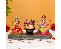 Dailygoods- Standbeeld Ganesha/Laxmi 3,5 inch - Indiase Decoratie - Diwali Cadeau - Pooja Item - Hoogwaardige Polystone - Handbeschilderd - Beeld