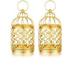 Dailygoods - Sziqiqi klein metalen theelichtje hangende vogelkooi lantaarns, 2 stuks gouden theelicht kaarsenhouders Vintage kaarshouder decoratieve tafel middenstukken voor bruiloftsfeest Kerstmis Halloween