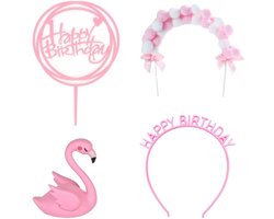 Dailygoods- Taartdecoratie Flamingo - Verjaardagstaartdecoratie - Regenboog Taartdecoratie - Suikerdecoratie - Decoratie Set - Kunststof 10,5 x 9,5 cm - Taartversiering