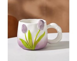 Dailygoods - Tulpenvormige Keramische Mok - Fijn Porselein voor Koffie, Latte en Thee (400 ml, Paars)