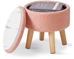 Dailygoods- Voetenbank Kleine Ottomaan - Ronde Poef met Opbergruimte - Gewatteerde Zitting - Houten Poten - Teddy Fluwelen Mini - Maximaal Gewicht 2,8 kg
