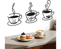 Dailygoods- Wanddecoratie metaal zwart - Set van 3 koffiemokken - Wanddecoratie woonkamer - Wanddecoratie keuken - Wanddecoratie eetkamer - Industrieel design - Muurdecoratie