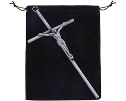 Dailygoods- Wandkruis Slank Ontwerp - Metalen Kruis - Jezus Beeld - Antiek Zilver - Decoratie - Inclusief Fluwelen Tas - Muurkruis