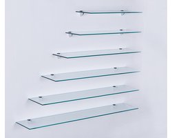 Dailygoods- Wandplank met Helder Glas - Wandplank Badkamer - Wandplank Metalen Beugels - Wandplank Rechthoekig - Wandplank Veiligheidsglas 6mm - Maximale Belasting 8 kg - Glazen Plank