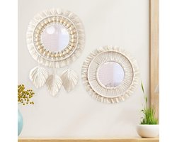 Dailygoods- Wandspiegel Ronde Macramé - Decoratieve Spiegel - 2 Stuks - Geweven Franjes - Boho Wanddecoratie - Handgemaakt Katoen