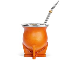 Dailygoods- Yerba Mate-beker met keramische voering - Rundleer - Duurzaam - Bombilla Mate - Reinigingsborstel - Huidvriendelijk en comfortabel in de hand - Matebeker