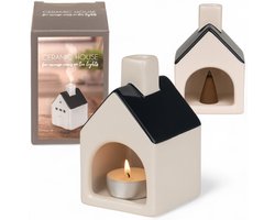 Dailygoody - Keramisch Incenshuisje - Theelichthouder - Stijlvol en Modern - Wit met Zwart Dak - Decoratie voor Thuis - 5x5x9 cm - Geschikt voor Woonk