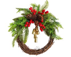 Dailygoody - Kerstkrans met Boho-klokken - Kunstdennenkrans voor de voordeur - 33 cm - Winterse Rotan Deurkrans - Decoratie met Dennenappels - Pe