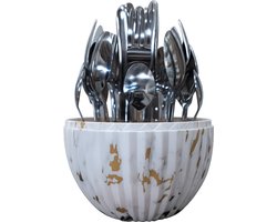 DailyRay Luxe Bestekset – 24-delig – Zilverkleurig RVS – ABS Ei-vorm – Geribbeld Marmer Goud Omhulsel – 6 Personen – Paasdecoratie