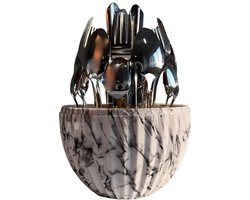 DailyRay Luxe Bestekset – 24-delig – Zilverkleurig RVS – ABS Ei-vorm – Geribbeld Marmer Wit Omhulsel – 6 Personen - Valentijn Cadeau