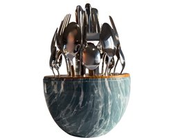 DailyRay Luxe Bestekset – 24-delig – Zilverkleurig RVS – ABS Ei-vorm – Glad Marmer Blauw Omhulsel – 6 Personen – Vaderdag cadeau