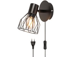 DailySupplies® Wandlamp Binnen met Snoer - Wandlamp met Stekker voor Binnen - met Dimbare Schakelaar - Industrieel en Vintage - Slaapkamer Bedlampje - Zwart