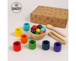 DAISY® – Montessori Houten Speelgoed – Ballen & Bekers Sorteerset – Educatief en Duurzaam - Kleuren en vormen - Motoriek Montessori Speelgoed - Educatief speelgoed voor Jongens en Meisjes – Sorteren, tellen en Motoriek