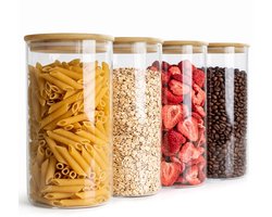 DAITORE - Glazen Voorraadpotten - 1200ml - 4 Delige set - Voorraadpotten met Bamboe deksel - met Uitneembare siliconen afdichtring - Snoeppotten - Glazen potten - Voorraadbussen glas voor muesli, ontbijtgranen, snacks, pasta, kruiden en meer