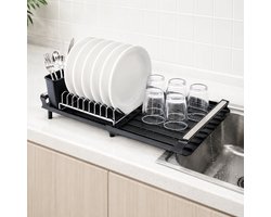 DAITORE RVS Afdruiprek met lekbak - Uitschuifbaar - RVS/Kunststof - Afwasrek met Bestekhouder - Geschikt voor Borden, Bekers en Servies - Klein Droogrek voor Afwas - Keukenrek
