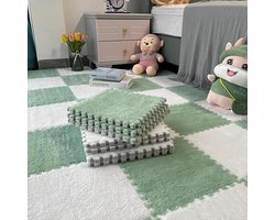 Daity 10 Pack - Pluche tapijttegels met zachte, pluizige, in elkaar grijpende vierkante schuimtegels voor woonkamers en slaapkamers, als decoratie voor de speelkamer en als comfortabele rustplek voor huisdieren (30x30x10 cm, wit en groen)