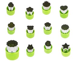 Daity 12-pack - Kinderkoekjesvormpjesset, 12 koekjesvormpjes met veiligheidsgrepen, mini-groente- en fruitvormpjes van roestvrij staal (groen)