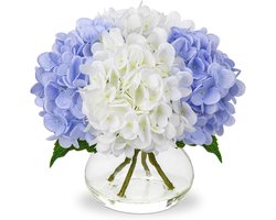 Daity 4-delig boeket kunstmatige hortensia's, witte en blauwe zijden kunstbloemen, perfect voor gebruik in de badkamer, op tafel, op een plank of als woondecoratie (vaas niet inbegrepen)