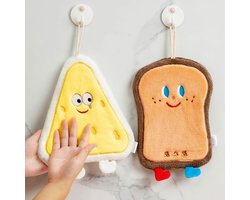 Daity Coral fleece hand towel with hanging loop, double-layer fast-absorbing mini towel, suitable for kitchen and bathroom, cute embroidery pattern (toast, donuts) 22x17cm