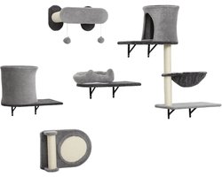 Daity Een grijze, aan de muur te bevestigen krabpaal bevat vijf onderdelen, waaronder twee kattenbedden, een hangmat, een platform en een sisal krabpaal (grijs).