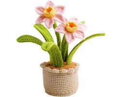 Daity Een kunstmatige narcis in een pot - met handgeweven bloemen en een handgehaakte narcis. Geschikt voor op een bureau of in de auto - en ideaal voor gelegenheden zoals Moederdag - Valentijnsdag en verjaardagen (roze).