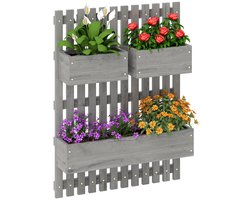 Daity Houten tuinplantenbak voor aan de muur met standaard, drainagegaten en 3 potten, geschikt voor terrassen, grijs.
