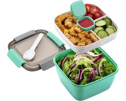 Daity Lunchbox met grote inhoud – Draagbare lunchhouder – Grote saladekom – Inclusief 3 vakken en sausbakje – Groen – Ontworpen voor het bewaren van ingrediënten en snacks