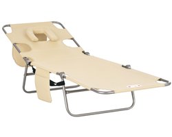 Daity Opvouwbare ligstoe - strandstoel met leesgat, armleuninggroeven - in 5 standen verstelbare rugleuning - zijvakken en kussens - geschikt voor tuinen - stranden en zwembaden - Beige.