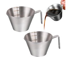 Daity Set van 2 espressokopjes met handvatten, roestvrijstalen koffiebonendoseerbekers van 100 ml (3,4 oz), accessoires voor espressomachines, metalen doseerbeker met V-hals en maatverdeling, geschikt voor bars en familiebijeenkomsten.