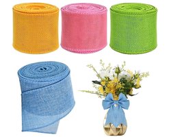 Daity Set van 4 effen linnen linten - 6 -3 cm x 5 m - geschikt voor knutselprojecten - het maken van kransen en strikken - het inpakken van cadeaus - Koningsdagversieringen en woondecoratie (groen + goud + roze + lichtblauw).