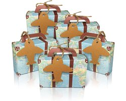 Daity Set van 50 – Feestelijke snoepdoosjes: Vintage mini-kofferontwerp - van kraftpapier - inclusief labels en touw – Ideaal voor feesten met een reisthema - bridal showers en bruiloftsdecoratie