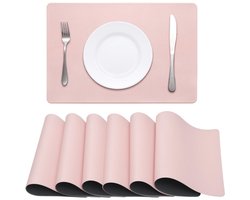 Daity Set van 6 dubbelzijdige vierkante PVC-placemats met lychee-print. Waterdicht - oliebestendig - hittebestendig en vlekbestendig. Wasbaar en afneembaar. Geschikt voor de decoratie van de keuken- en eettafel (roze en grijs).