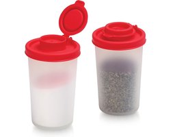 Daity Set van twee vochtbestendige zoutvaatjes - groot formaat - geschikt voor kamperen - picknicks - buitenkeukens - lunchboxen - enz. Reiskruidenset - transparante flesjes met rode dopjes. (Rood)