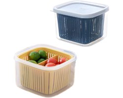 Daity Set van twee voedselbewaardozen met gaas (13 * 12 * 9 cm), BPA-vrije bewaardozen voor in de koelkast, verstelbare bewaardozen met twee compartimenten voor het bewaren van fruit, groenten en salades (geel en blauw).