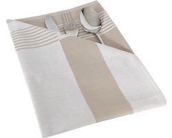 Damast Tafelkleed Lineair Wit/Vlas 160x160cm, De Witte Lietaer