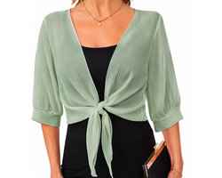 Dames Chiffon Bolero Vestje Groen Maat L (EU 40-42) – Elegante V-Hals Shawl Cardigan met Lace-Up Detail – Lichtgewicht Zomer Vest met Korte Mouw