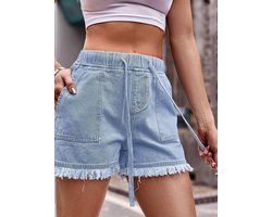 Dames denim shorts met hoge taille en zakken, elastische tailleband en trekkoord, zomerse casual shorts