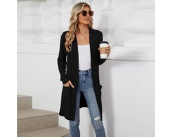 Dames Gebreid Vest Met Lange Mouwen Voor Dames, Met Knopen, Lange Gebreide Jas Met Zakken Zwart L