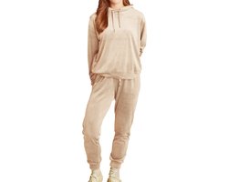 Dames huispak Fleece - Lounge set dames - Vrouwen warm pyjama pak - loungewear dames - Beige / L/XL