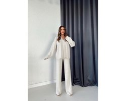 Dames huispak - gebreide tweedelige set - Lounge Set Dames - Vrouwen warm pyjama pak - Loungewear dames - Kleur Stone - One Size